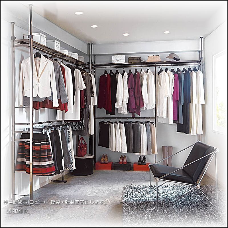 突っ張り ラック 光沢ブラック クローゼット ハンガーラック ロー