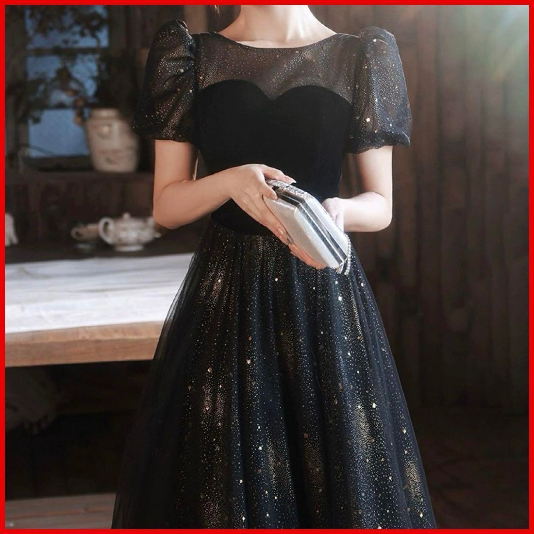 25年 オシャレな生地にデザインの袖ありロングイブニングドレス