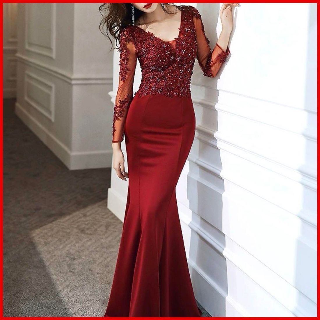 25年 小花柄のデザインが大人 長袖イブニングドレス