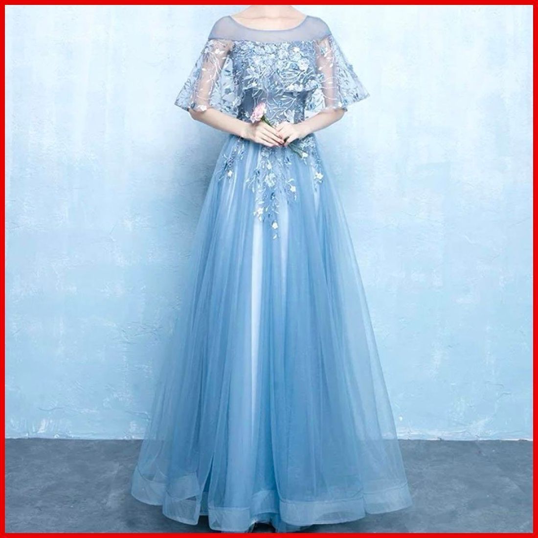 25年 花柄の刺繍が美しい マント型袖ありイブニングドレス