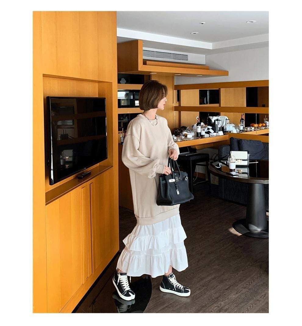 長袖 ワンピース レディース ロング丈 ロングワンピース ハニーズ Honeys フリルネックワンピース : [Arklove] 襟付きドッキングワンピース フリル 大きいサイズの長袖クルーネック切り替え アミュレット Amulet マキシ丈