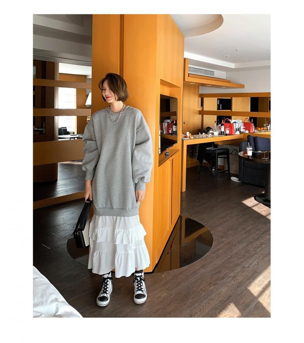 長袖 ワンピース レディース ロング丈 ロングワンピース ハニーズ Honeys フリルネックワンピース : [Arklove] 襟付きドッキングワンピース フリル 大きいサイズの長袖クルーネック切り替え アミュレット Amulet マキシ丈