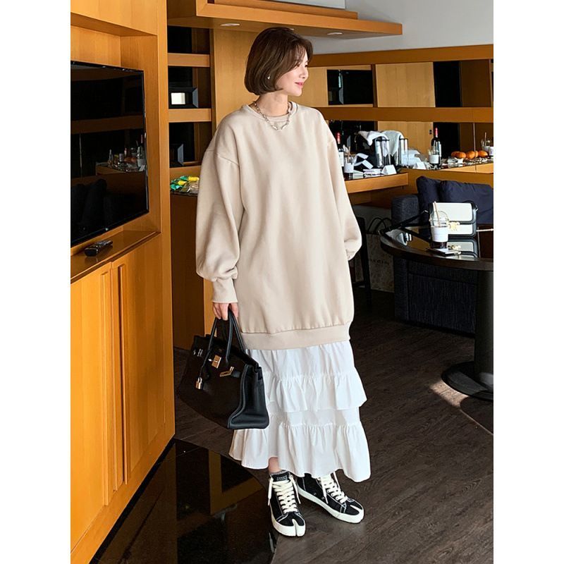 長袖 ワンピース レディース ロング丈 ロングワンピース ハニーズ Honeys フリルネックワンピース : [Arklove] 襟付きドッキングワンピース フリル 大きいサイズの長袖クルーネック切り替え アミュレット Amulet マキシ丈