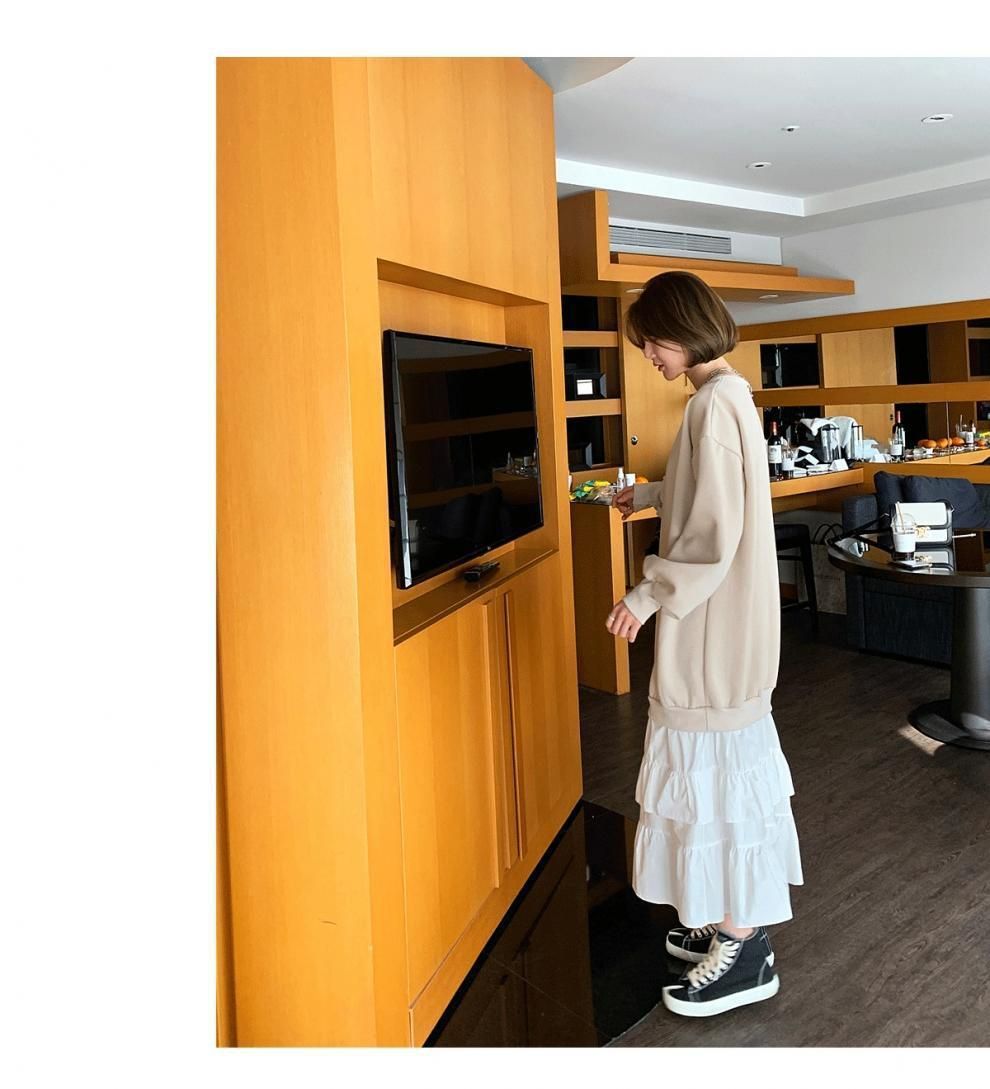 長袖 ワンピース レディース ロング丈 ロングワンピース ハニーズ Honeys フリルネックワンピース : [Arklove] 襟付きドッキングワンピース フリル 大きいサイズの長袖クルーネック切り替え アミュレット Amulet マキシ丈