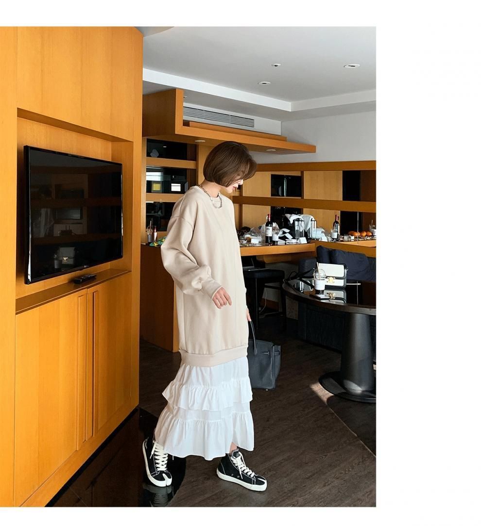 長袖 ワンピース レディース ロング丈 ロングワンピース ハニーズ Honeys フリルネックワンピース : [Arklove] 襟付きドッキングワンピース フリル 大きいサイズの長袖クルーネック切り替え アミュレット Amulet マキシ丈