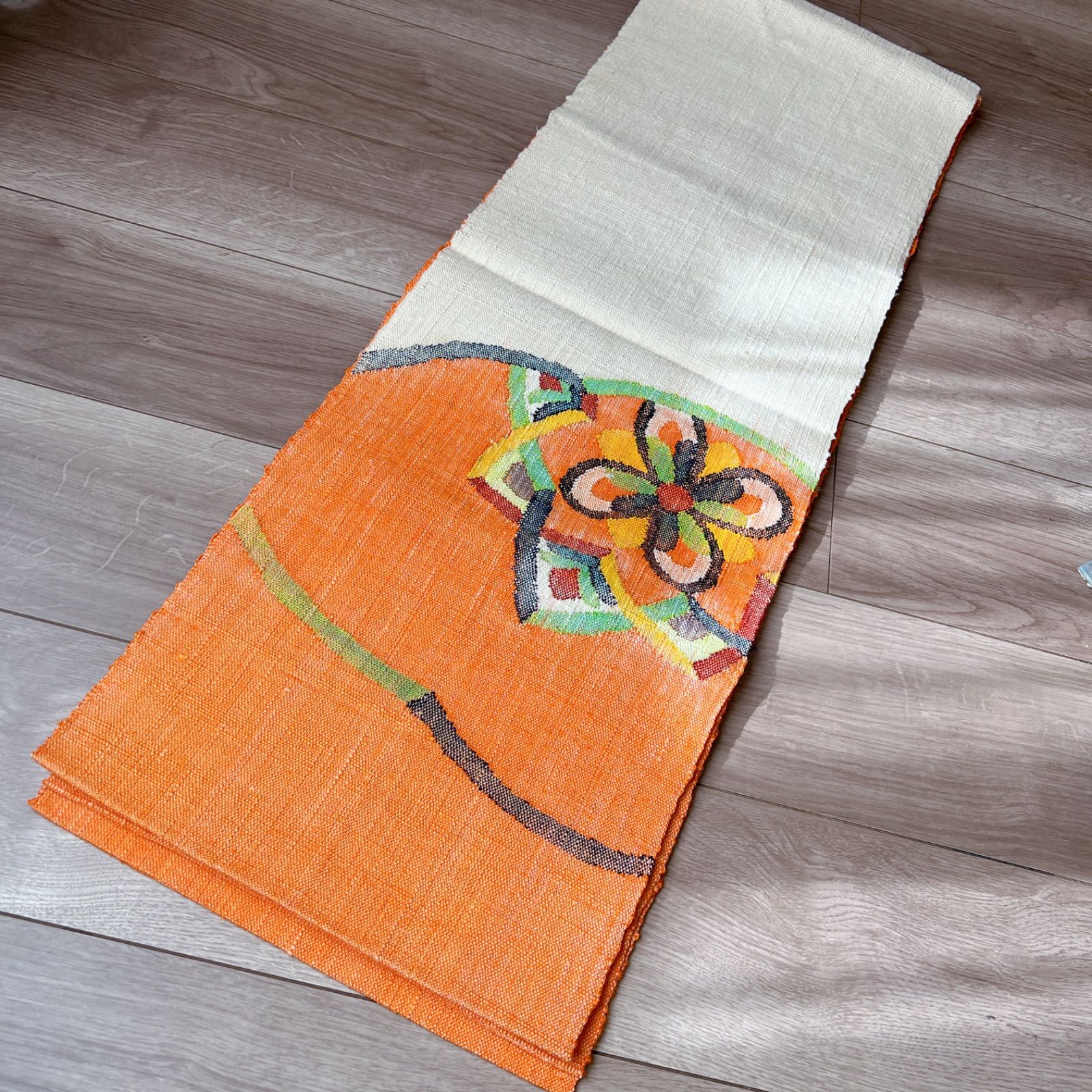 八寸名古屋帯】手織風 花文様 橙色 × 生成り｜お太鼓柄｜普段着・紬