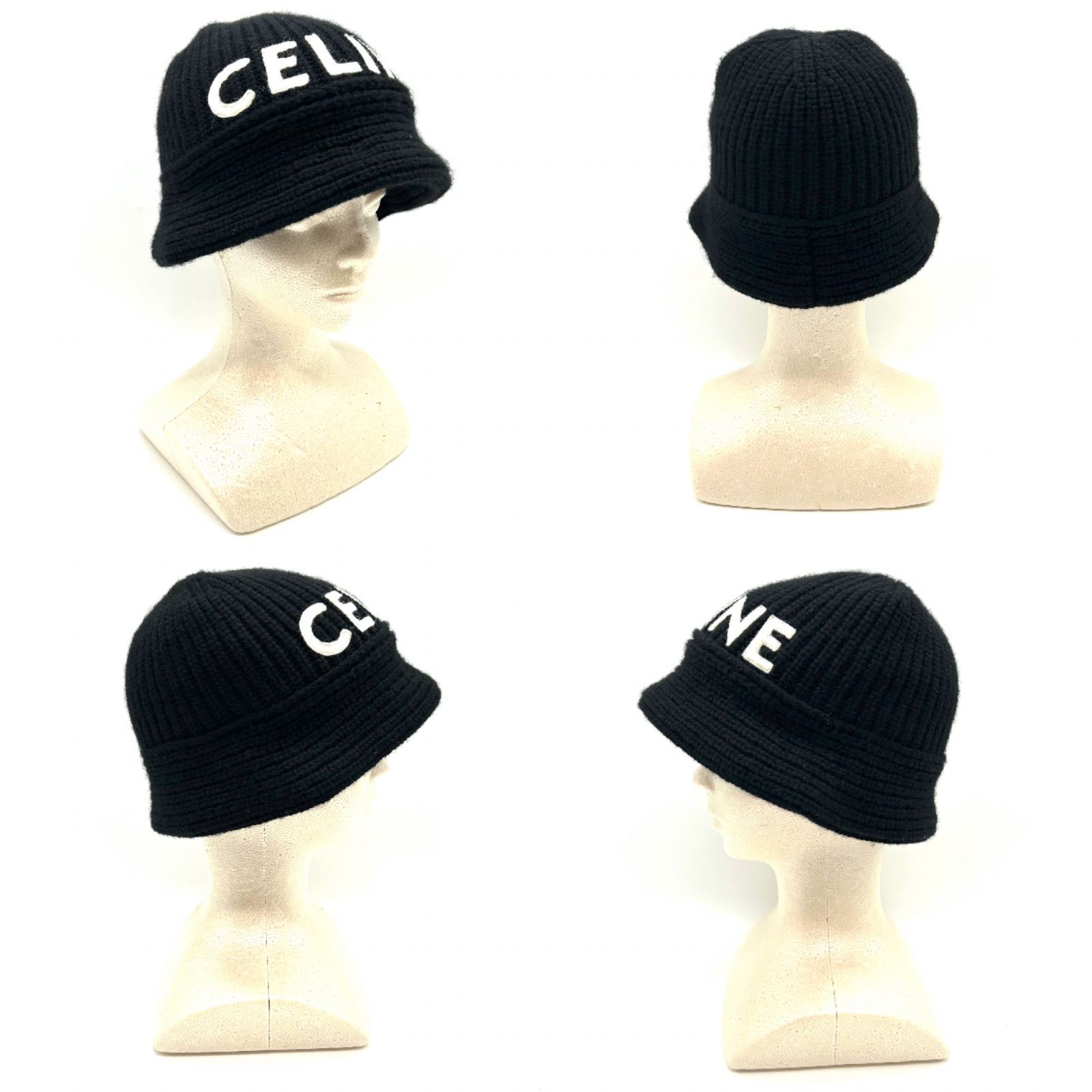 CELINE セリーヌ ハット ニット ロゴ カシミヤ ブラック TU レディース 帽子