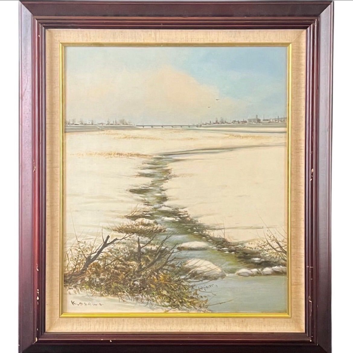 小川馨生 春雪河川 油彩 8号 風景画 直筆サイン入り 細密 無所属 元汎美展運営委員 松坂屋他個展多数 美術市場掲載