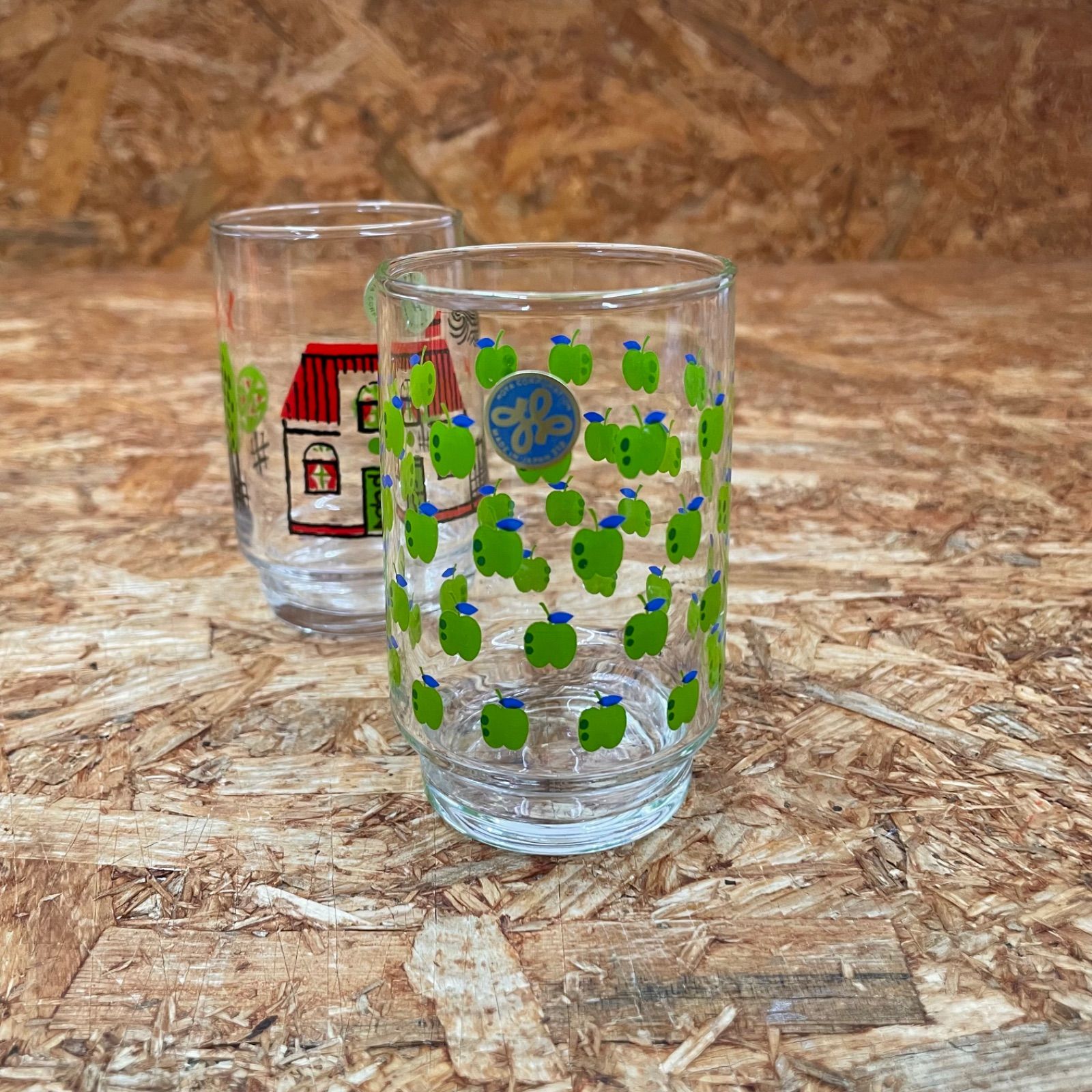 昭和レトロ HOYA製 グラス 2個セット 家 青リンゴ ガラス コップ ホヤ
