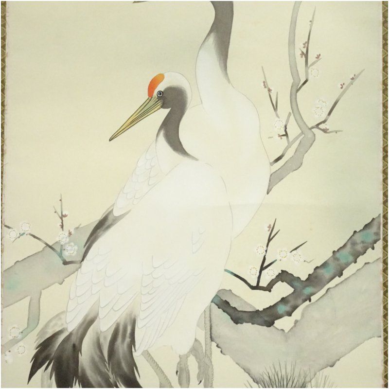 寿峰筆 松竹梅鶴 肉筆絹本掛軸（紙箱） 掛け軸 床の間 書 おしゃれ