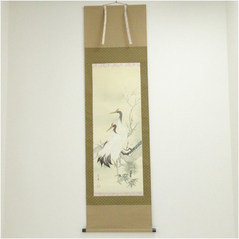 寿峰筆 松竹梅鶴 肉筆絹本掛軸（紙箱） 掛け軸 床の間 書 おしゃれ