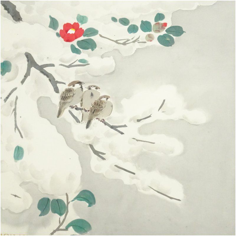 分部五鈴筆 雪中雲雀 肉筆絹本掛軸（共箱） 掛け軸 床の間 書 おしゃれ