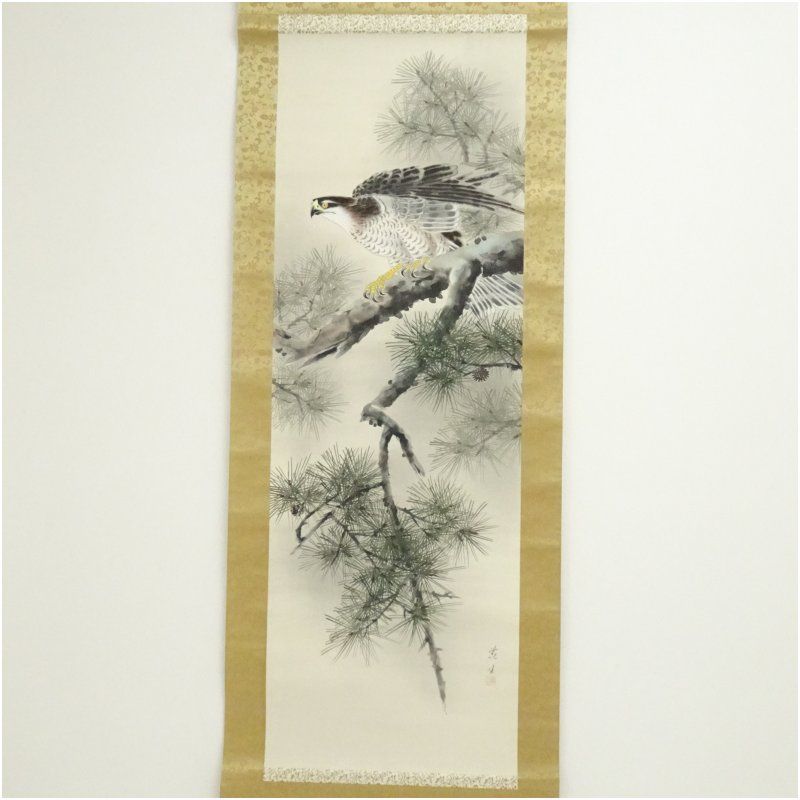 掛軸 長谷川等仲『松上鶴図』日本画 絹本 肉筆 無地箱付 掛け軸 a08116 掛軸 長谷川等仲『松上鶴図』日本画 絹本 肉筆 無地箱付 掛け軸 a08116