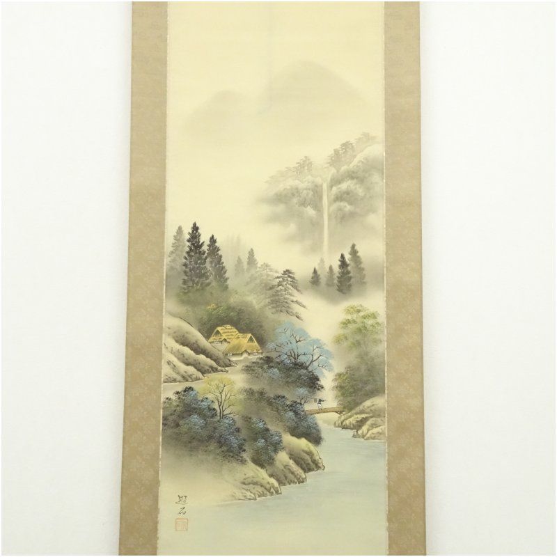 徳村遊石筆 彩色山水 肉筆絹本掛軸（共箱） 掛け軸 床の間 書 おしゃれ