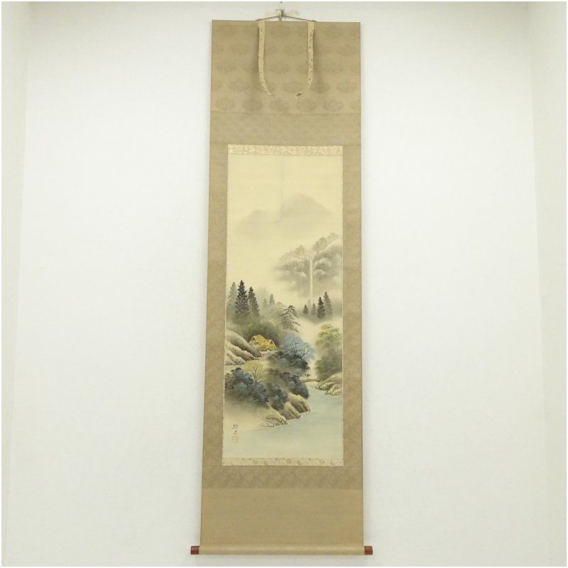 徳村遊石筆 彩色山水 肉筆絹本掛軸（共箱） 掛け軸 床の間 書 おしゃれ