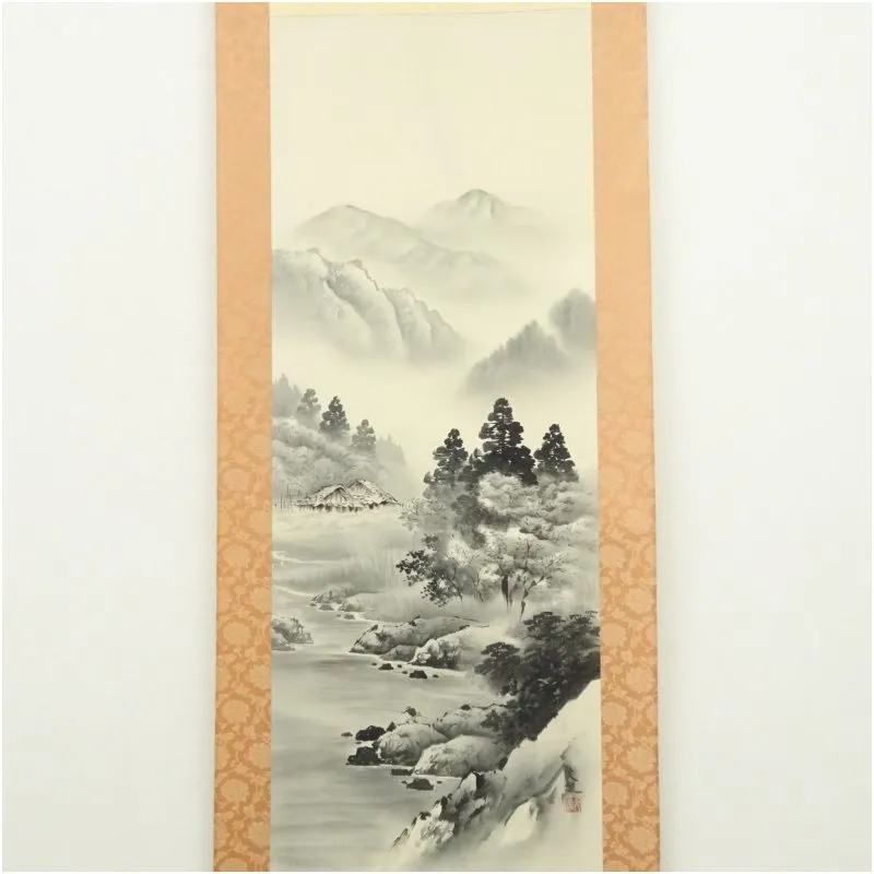 小林文雄筆 水墨山水 肉筆絹本掛軸（共箱） 掛け軸 床の間 書 おしゃれ