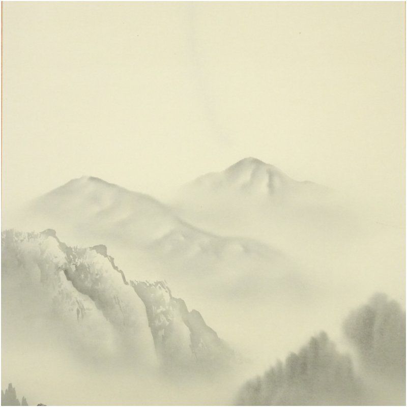 小林文雄筆 水墨山水 肉筆絹本掛軸（共箱） 掛け軸 床の間 書 おしゃれ