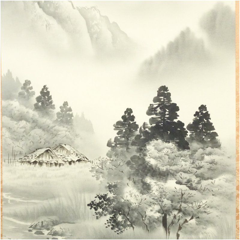 小林文雄筆 水墨山水 肉筆絹本掛軸（共箱） 掛け軸 床の間 書 おしゃれ