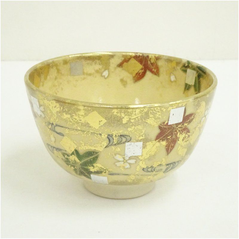 京焼 平井覚山造 金箔立田川茶碗（共箱） 茶道 抹茶 おしゃれ 抹茶茶碗