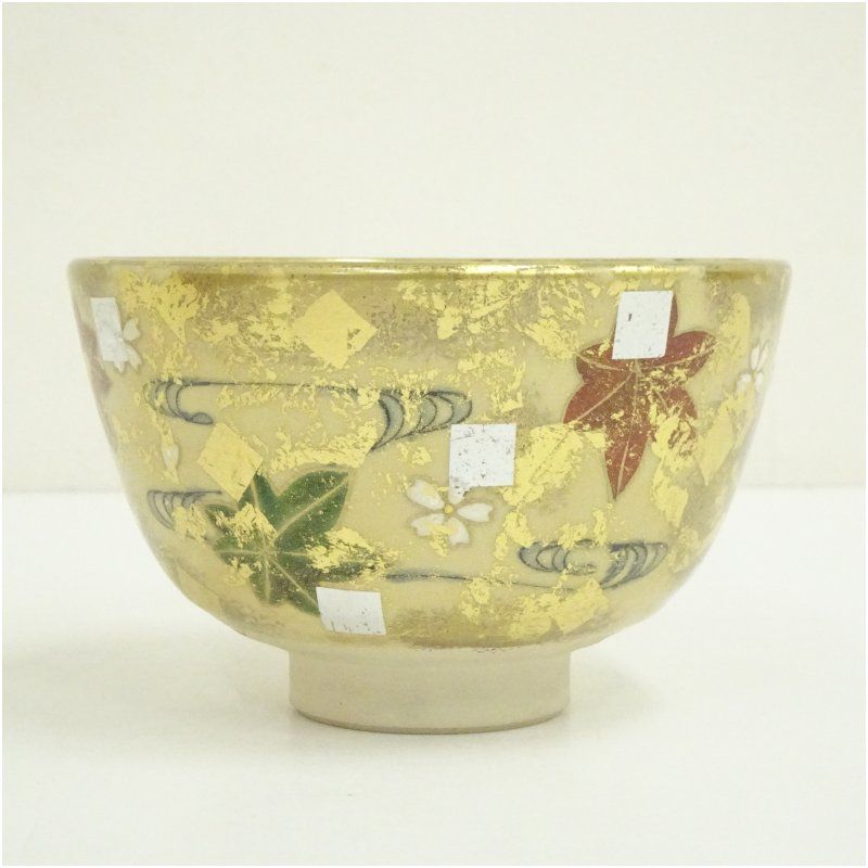 京焼 平井覚山造 金箔立田川茶碗（共箱） 茶道 抹茶 おしゃれ 抹茶茶碗