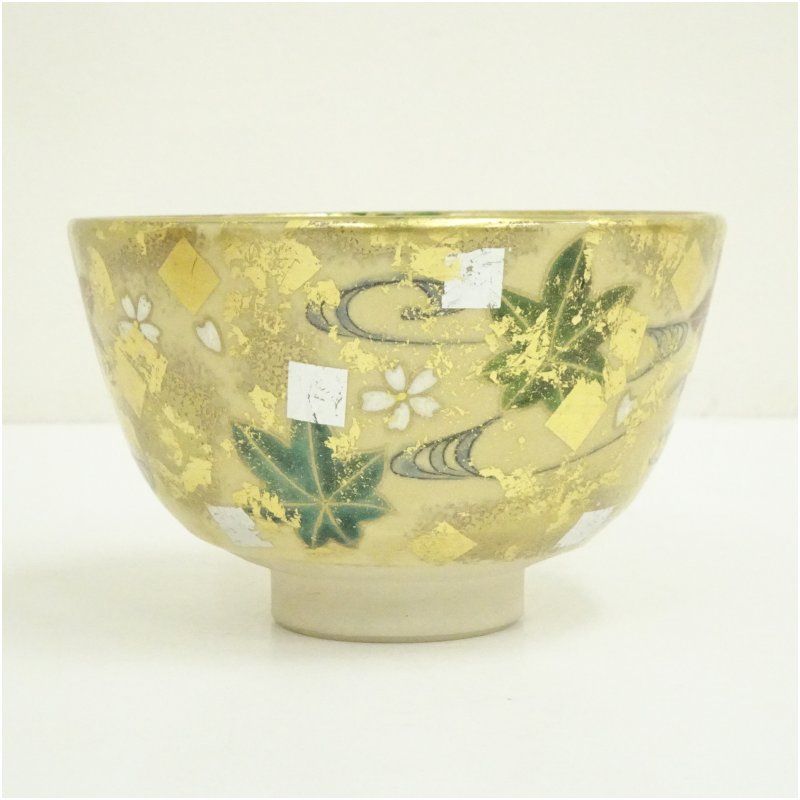 京焼 平井覚山造 金箔立田川茶碗（共箱） 茶道 抹茶 おしゃれ 抹茶茶碗