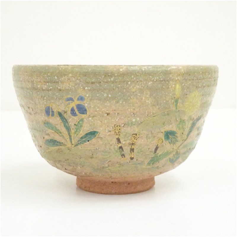 京焼 橋本紫雲造 荒土春の野文茶碗（共箱） 茶道 抹茶 おしゃれ 抹茶