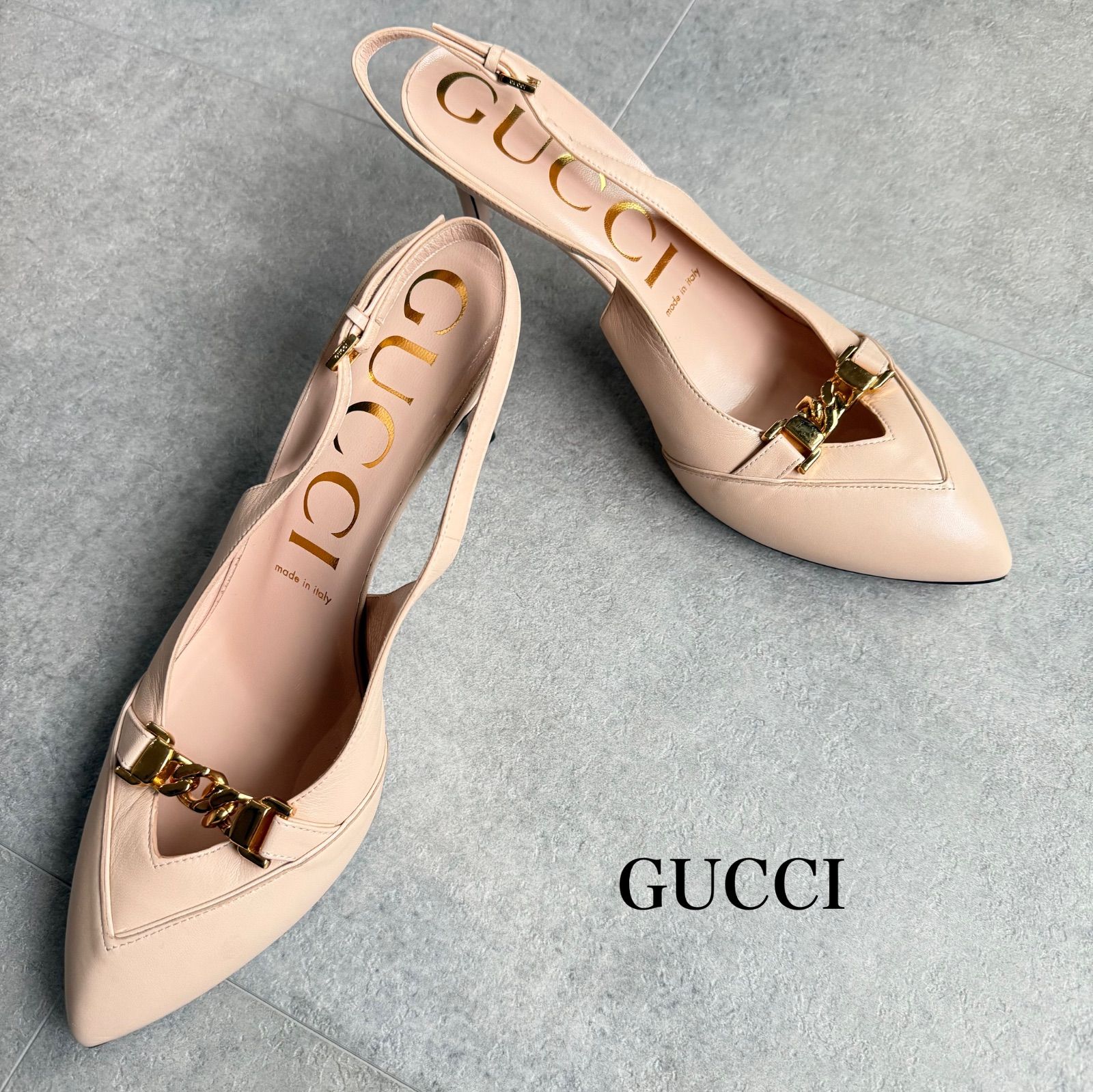 GUCCI グッチ チェーン ストラップパンプス レザー ベージュ ゴールド