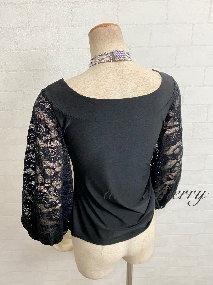 Lサイズ【MERRY】新品 社交ダンス バルーン袖 黒 長袖 パーティ