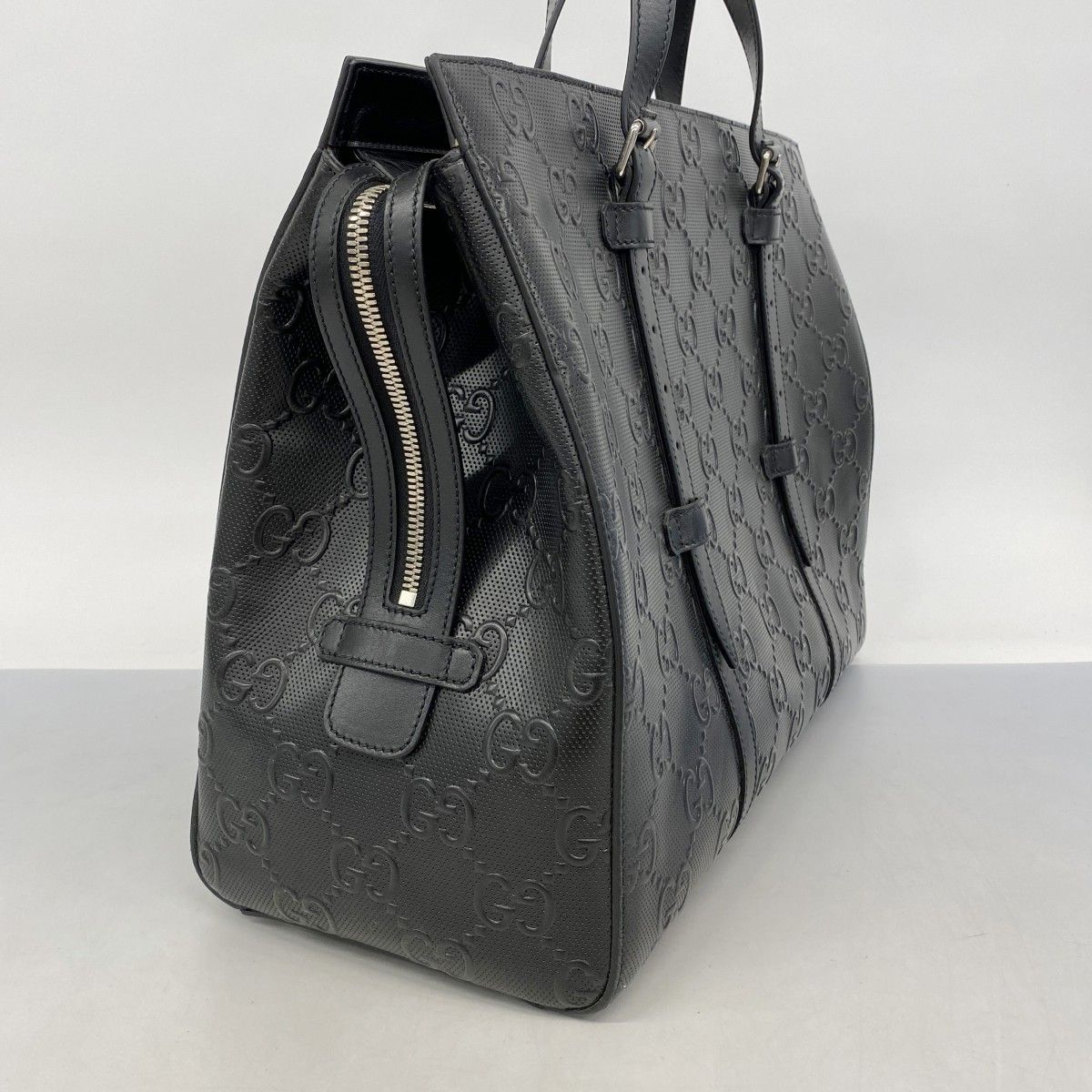 5 oe 5325 グッチ ボストンバッグ GGエンボス 625772 レザー ブラック シルバー金具 メンズ