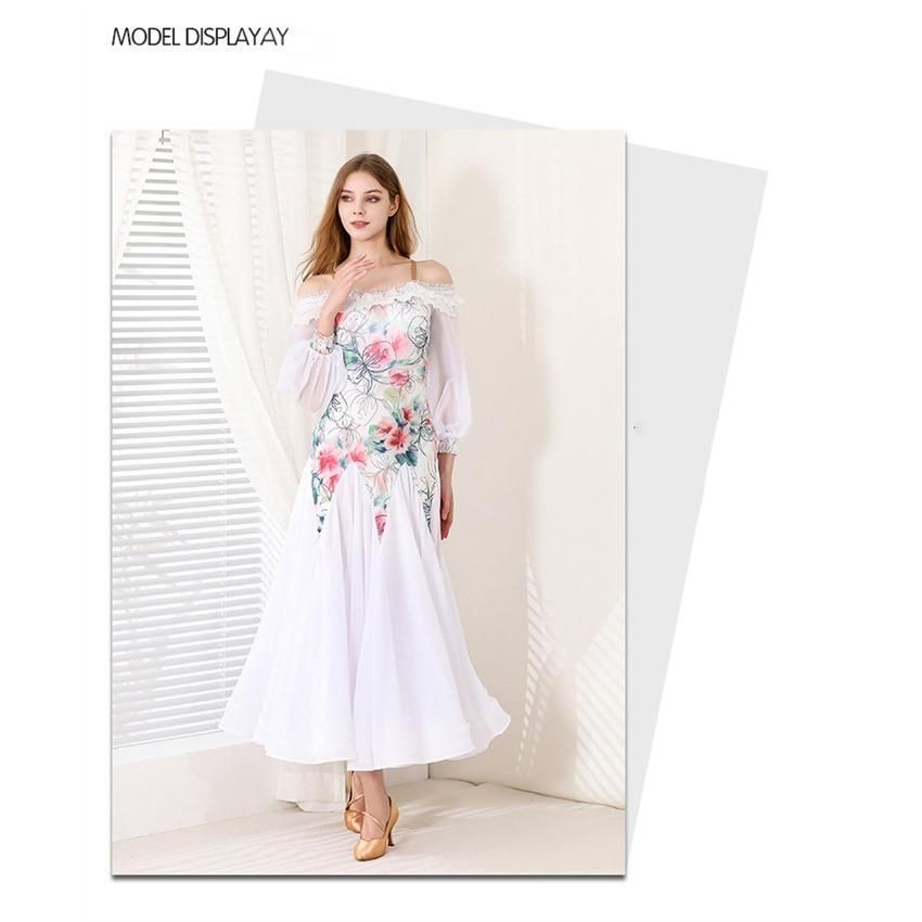 社交ダンスドレス モダンドレス 白 ホワイト 社交ダンス衣装 社交ダンス ドレス 衣装 長袖 大きい裾 スタンダードドレス ワルツダンス ステージ衣装