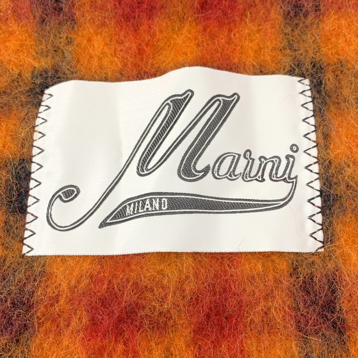 【美品】  MARNI / マルニ | 2023AW | モヘア アルパカ ウール チェック フリンジ 大判ストール ケープ マフラー | UNI | オレンジ 美品】 MARNI / マルニ | 2023AW | モヘア アルパカ ウール チェック