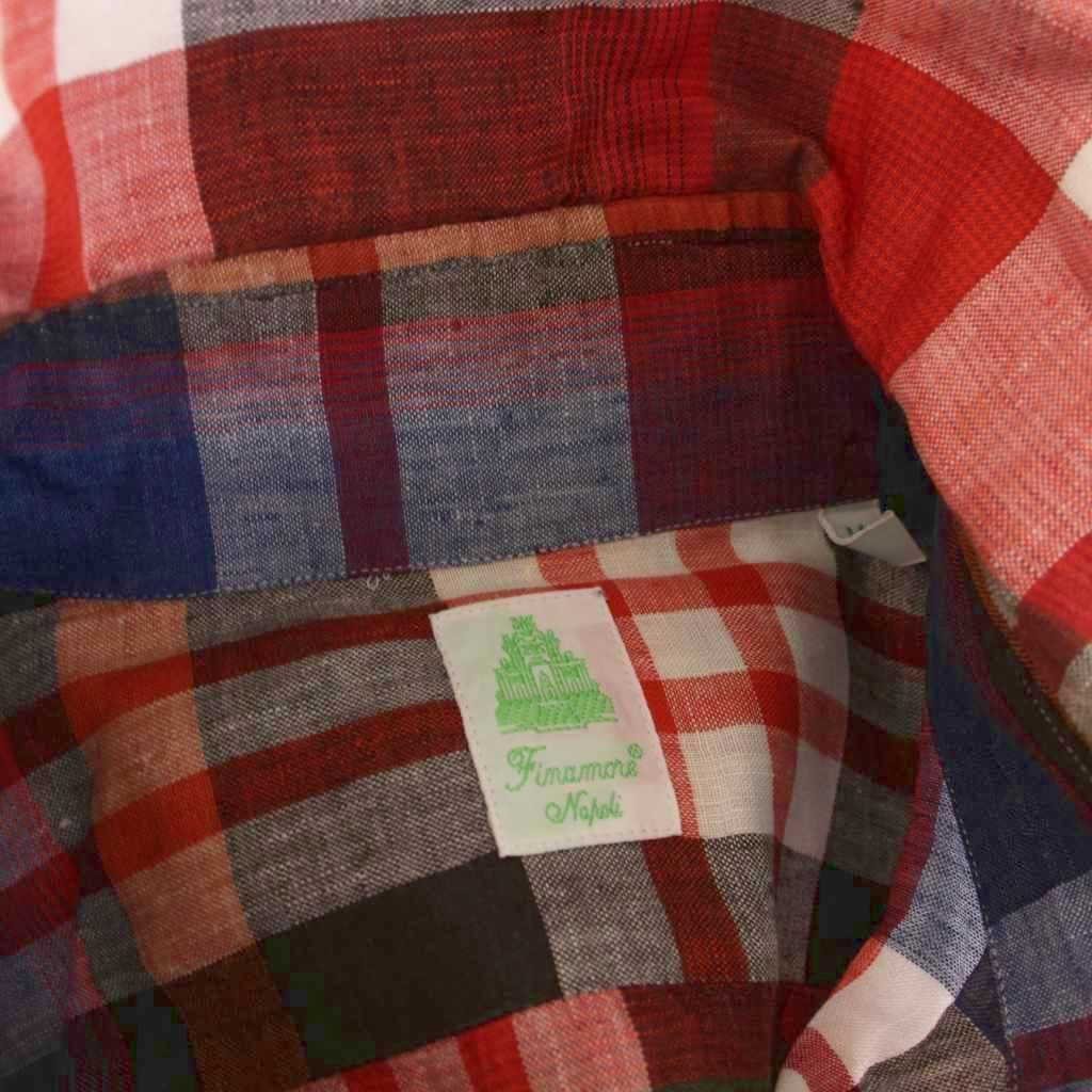フィナモレ finamore 長袖 シャツ リネン チェック M 赤 レッド