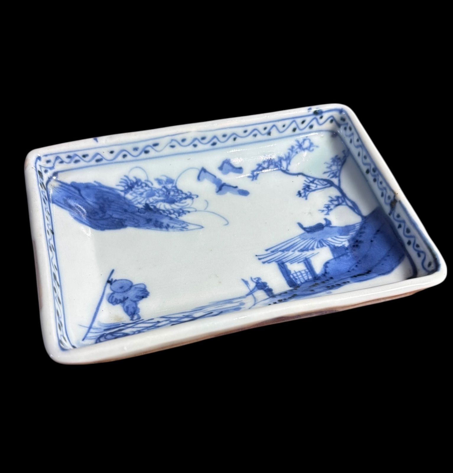 骨董　染付　四角皿　八角皿 5客セット】 明治期 四角皿 山水風景図 染付 角皿 取り皿 飾り皿 和