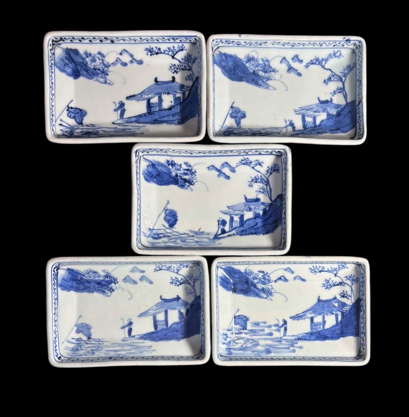 5客セット】 明治期 四角皿 山水風景図 染付 角皿 取り皿 飾り皿 和