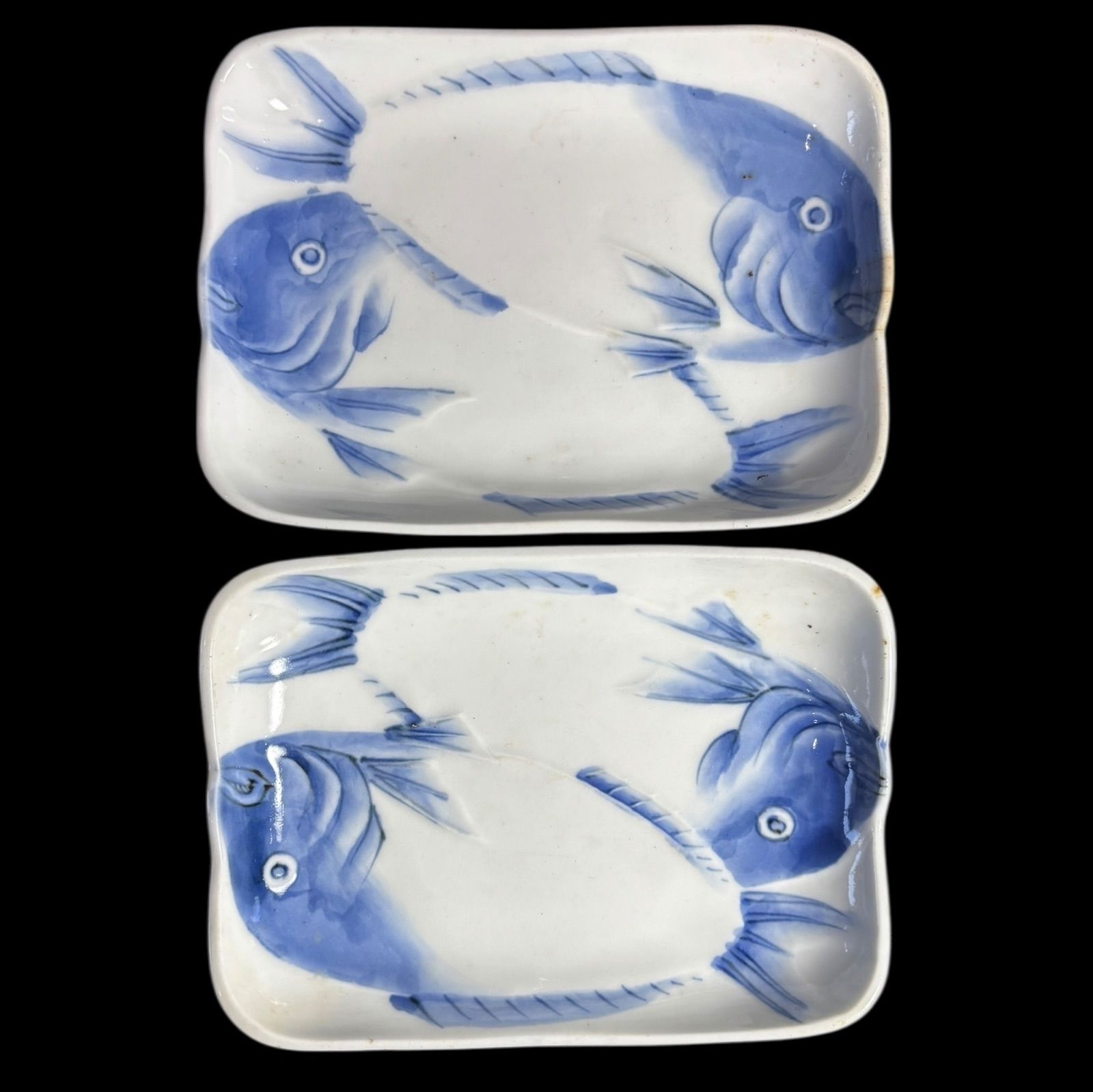 2客セット】 古伊万里 染付 鯉 四角皿 魚 取り皿 飾り皿 和食器 明治