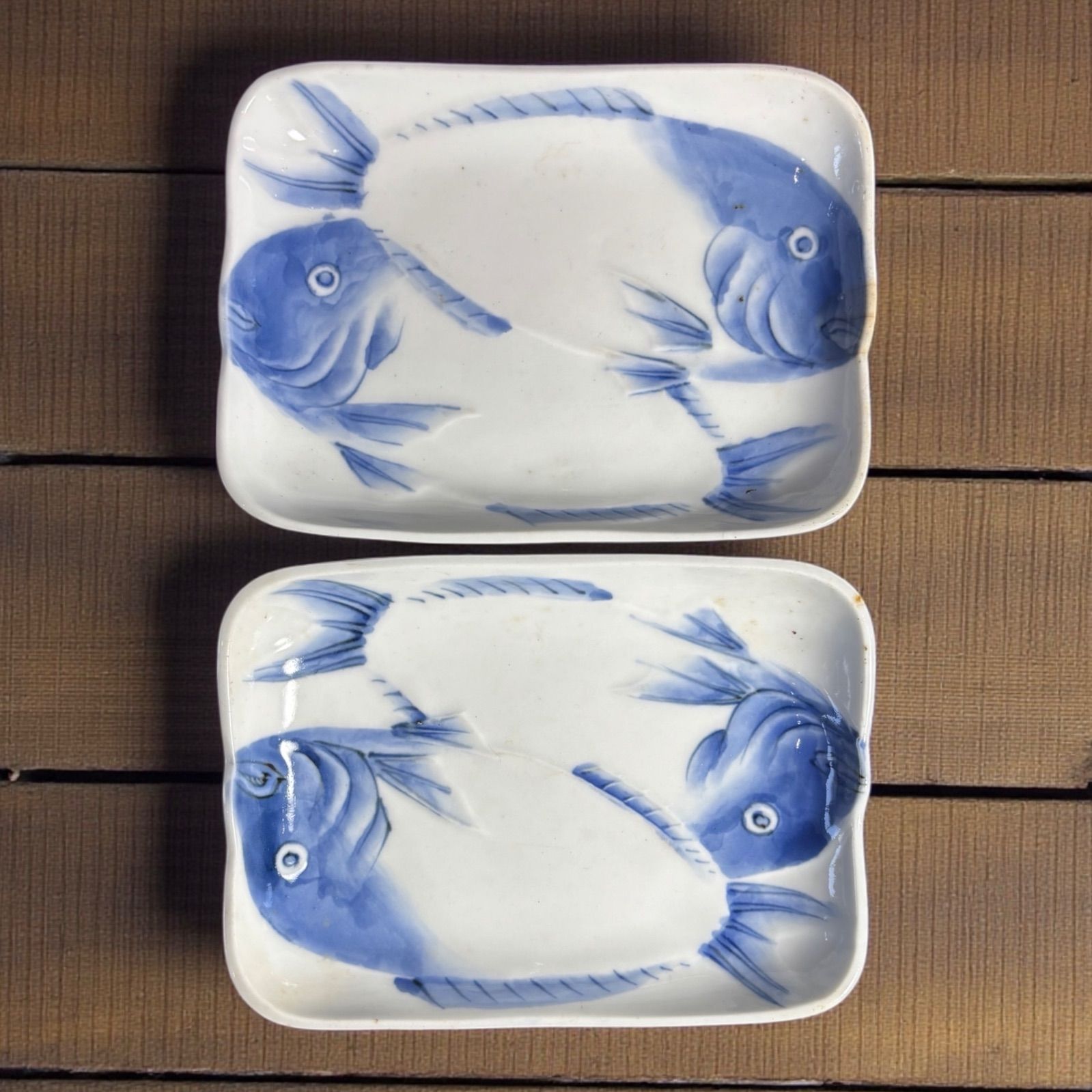 2客セット】 古伊万里 染付 鯉 四角皿 魚 取り皿 飾り皿 和食器 明治