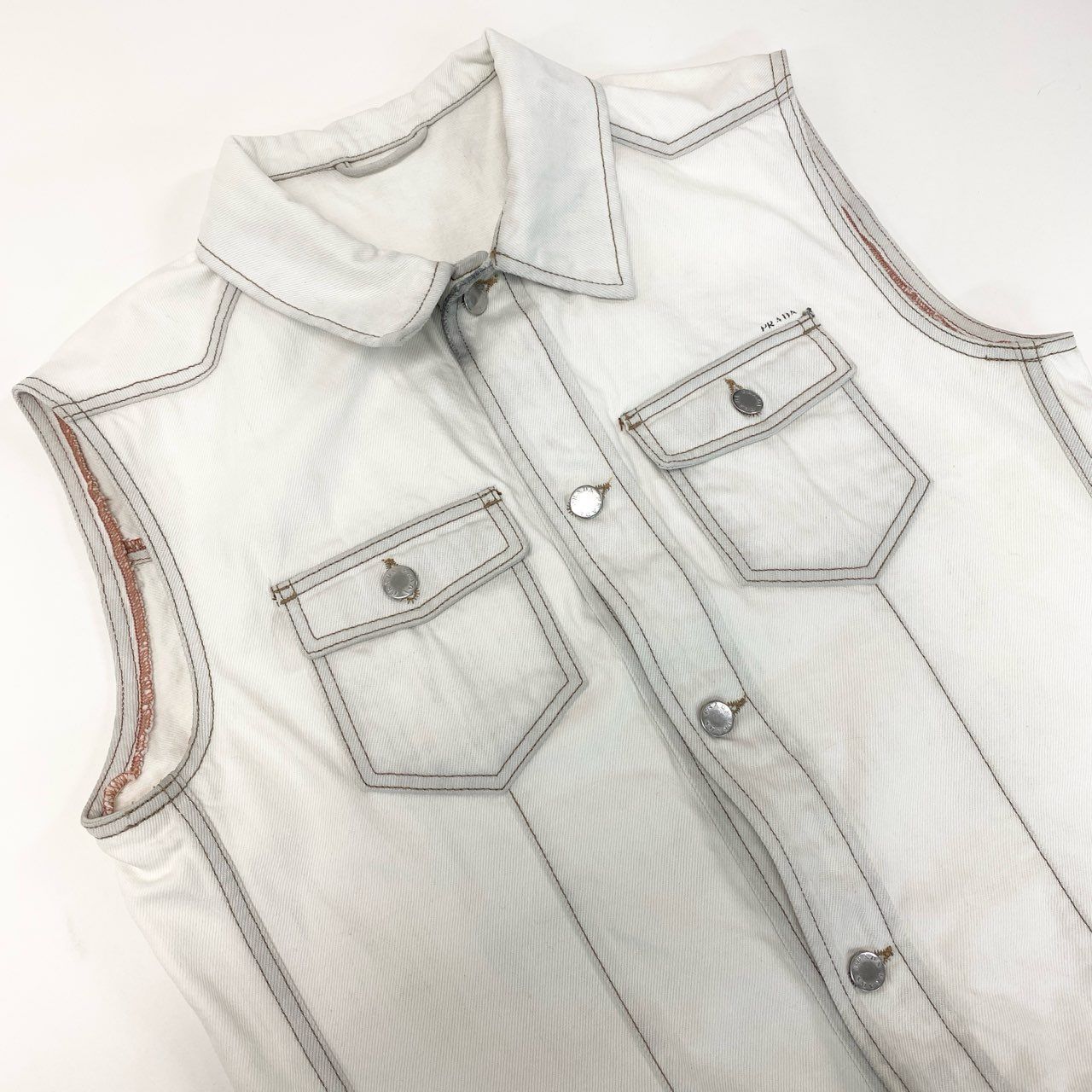 24k28 PRADA プラダ デニムベスト トップス ロゴ 52 ホワイト コットン