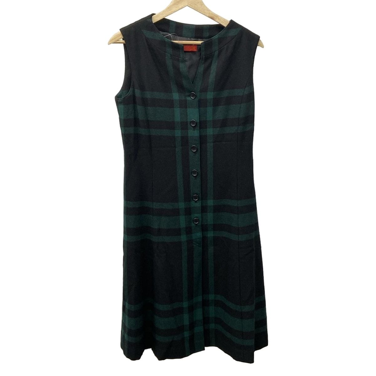ヨークランド ワンピース サイズ11 AR M レディース - 黒×ダークグリーン スタンドカラー|ノースリーブ|ロング|チェック柄|前開き|冬
