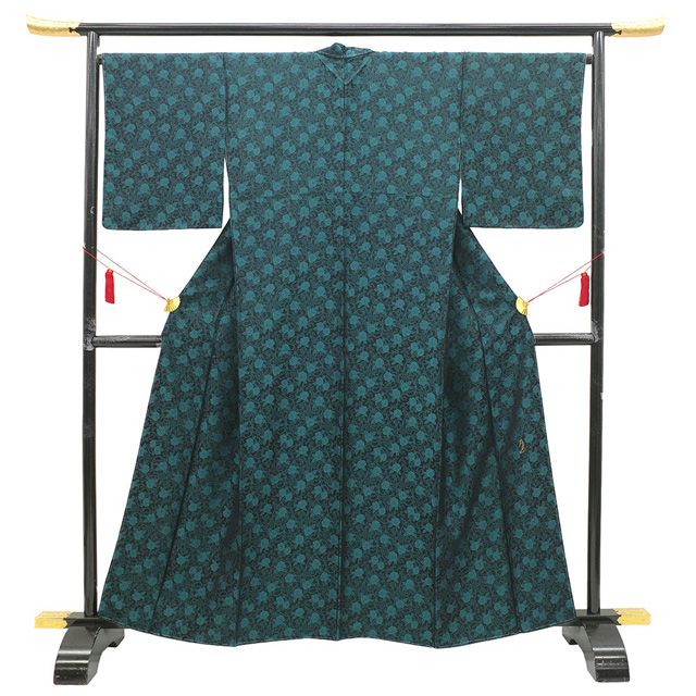御召 着物 正絹 お召 袷 先染め 作家物 落款有り 黒 ターコイズグリーン 薔薇 花 よそ行き カジュアル 春 秋 冬 緑 仕立て上がり 身丈163 裄丈67 Ｌサイズ みやがわ sb 16695