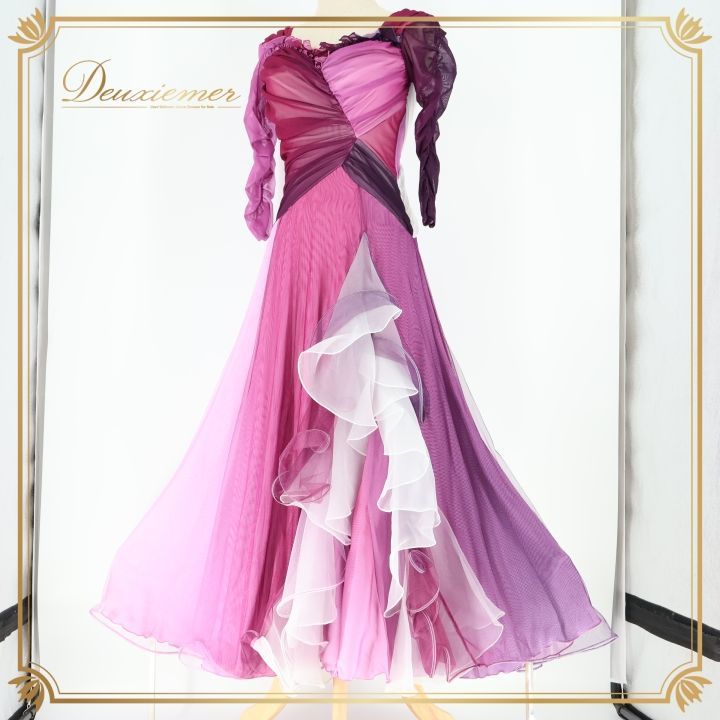 社交ダンス 衣装 チャコット Chacott ワンピース ドレス パーティドレス レース 伸縮 発表会 パーティ 上品 フリル ピンク系 パープル系 フェミニン エレガント スカート ダンスウェア 女性用 ドレスアップ ステージ衣装