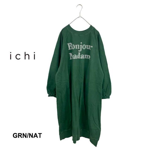 種類1 GRN NAT F イチ ichi レディース ワンピース 220648 BONJOUR MADAME 裏毛 フロッキープリント カジュアル ナチュラル