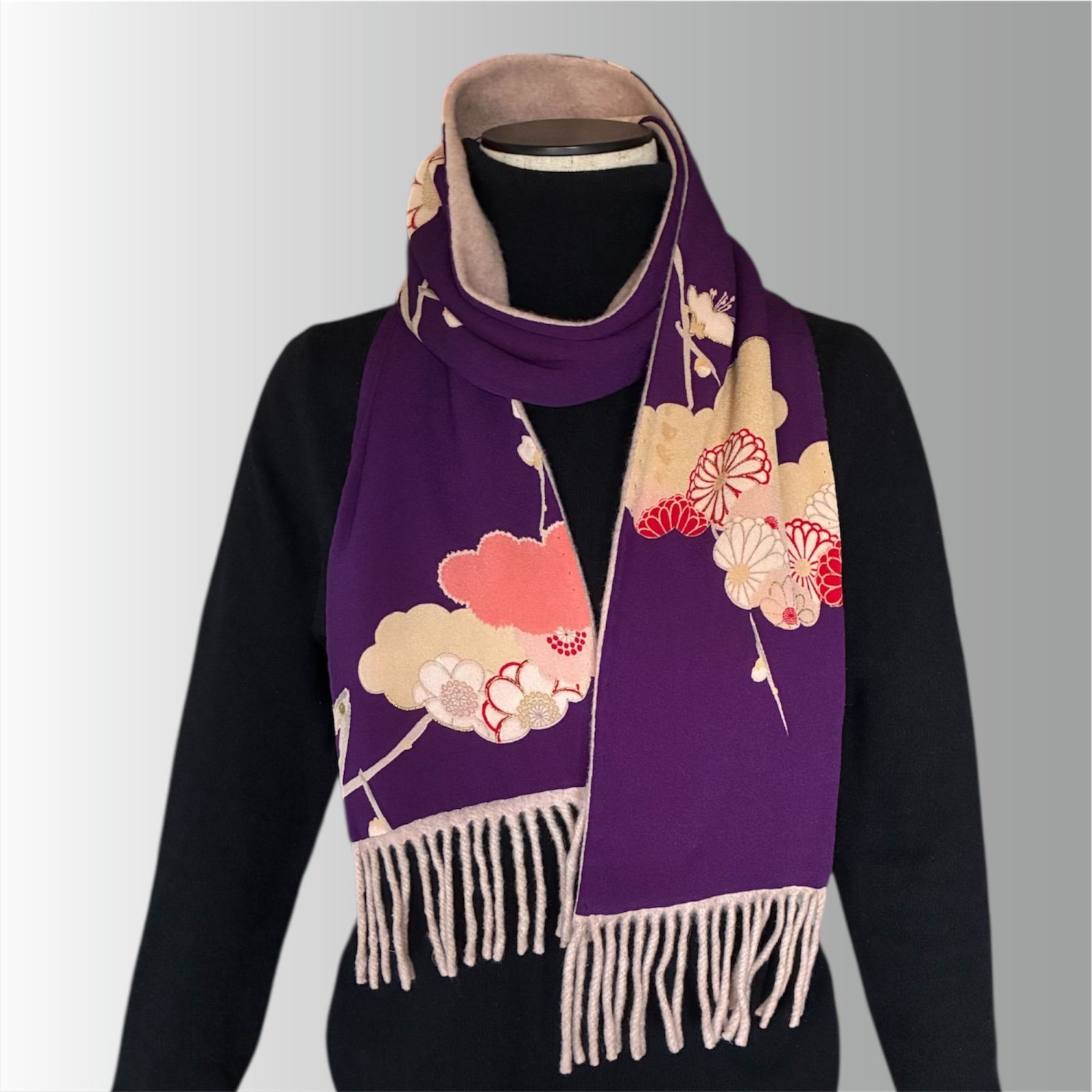 ビンテージ古布とカシミアのマフラー リバーシブル 着物リメイク