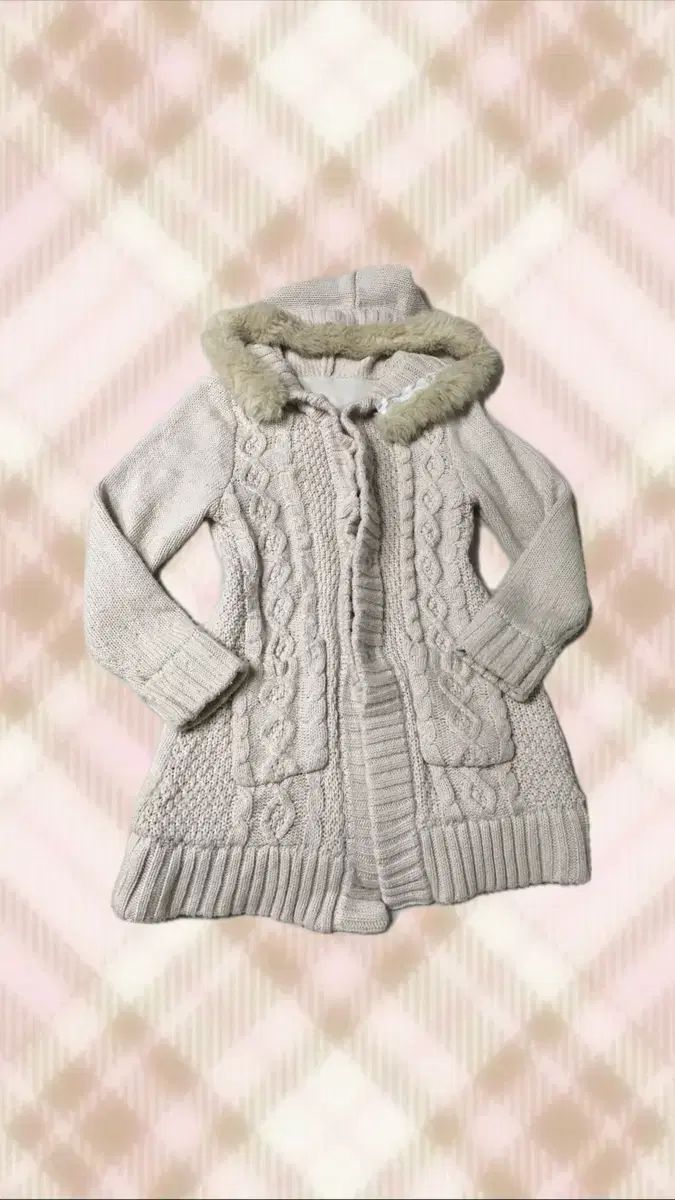 ライトピンク ケーブル編み ファー フード ロング カーディガン ヒメ ギャル ラブリー ロギャル