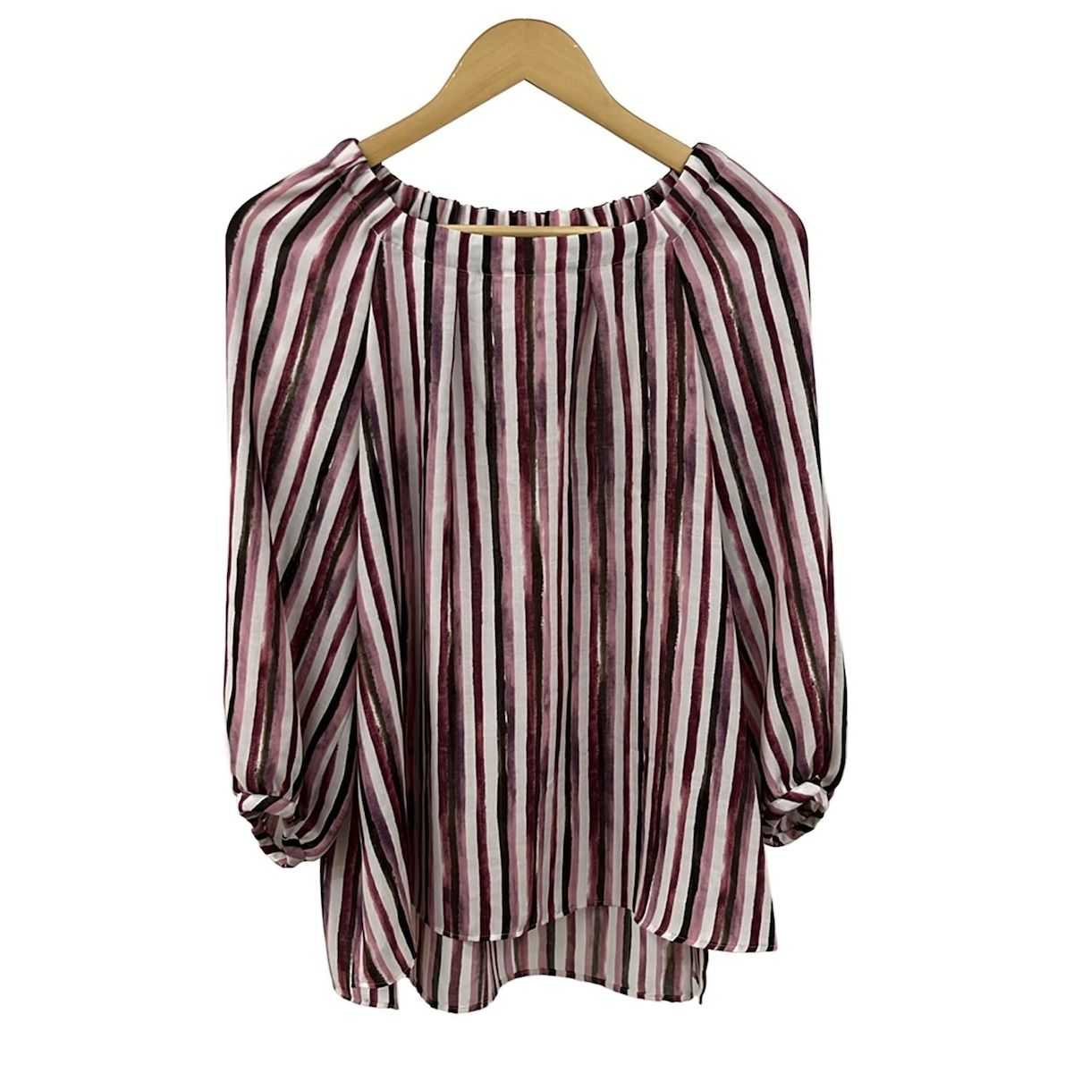 Leilian レリアン チュニック サイズ13 L レディース - パープル×ダークブラウン×白 長袖|ストライプ