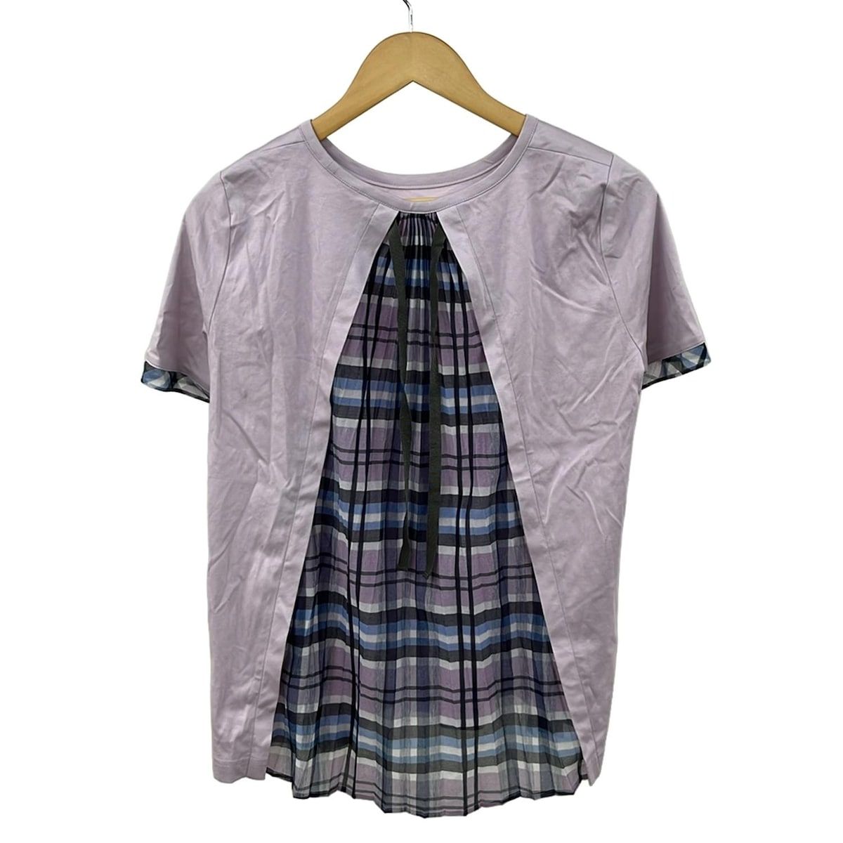 Leilian レリアン チュニック サイズ11 M レディース - ライトパープル×ネイビー×マルチ クルーネック|半袖|チェック柄|異素材切替