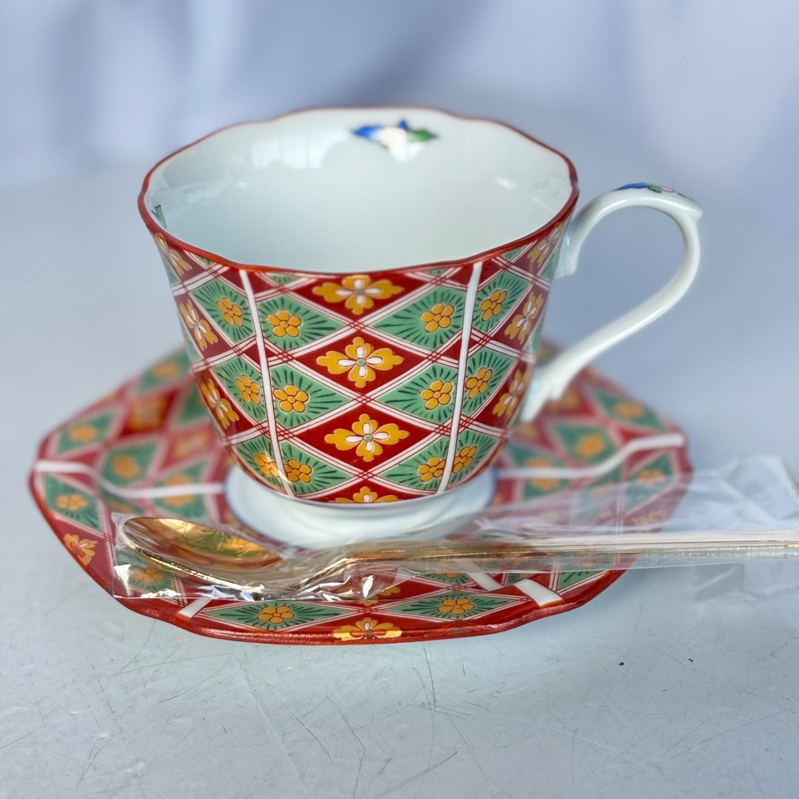 古伊万里 有田焼 仁祥窯 絵変り スプーン付き コーヒー碗 皿揃 ペア