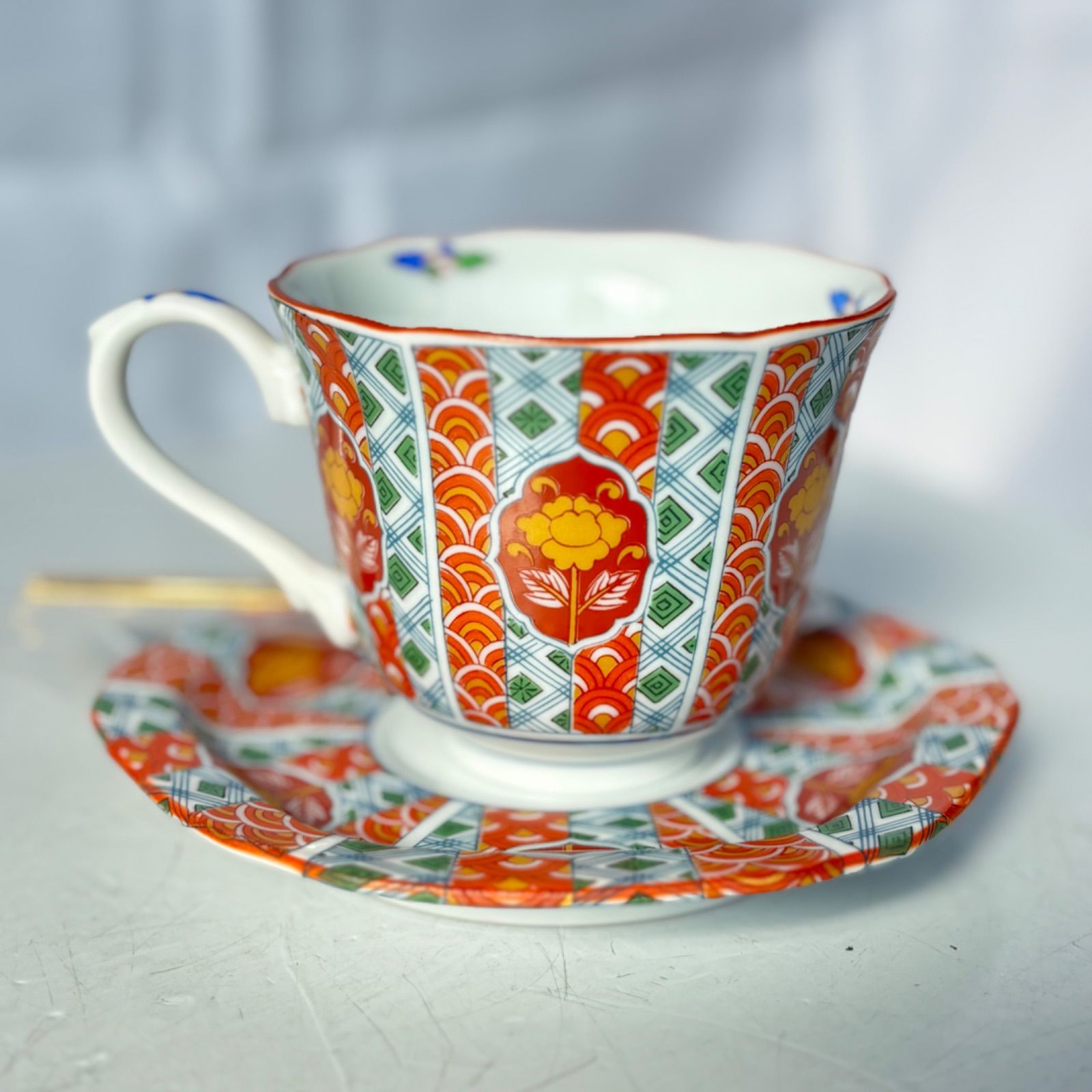 古伊万里 有田焼 仁祥窯 絵変り スプーン付き コーヒー碗 皿揃 ペア