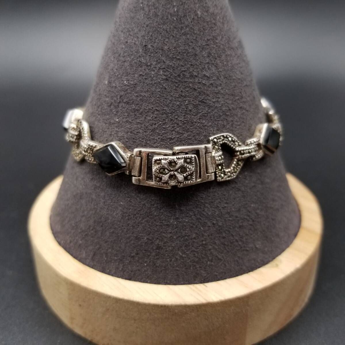 クラシカル オニキス ダイヤカット マーカサイト装飾 925 シルバー