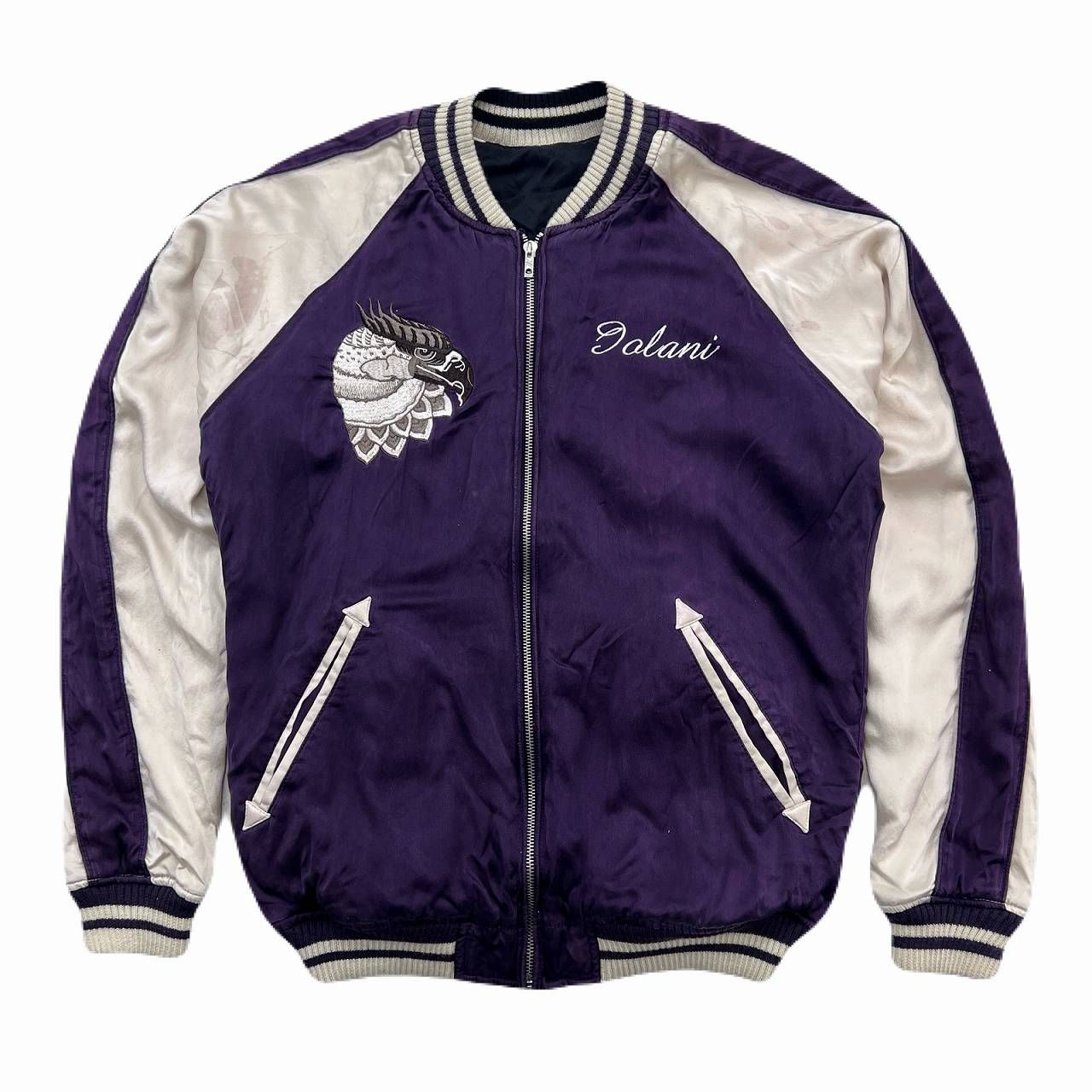 IOLANI シルク製 スカジャン パープル ホワイト メンズ Lサイズ