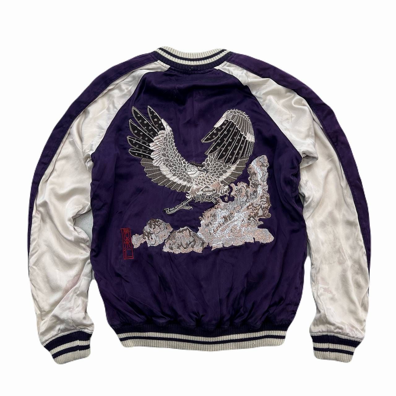 IOLANI シルク製 スカジャン パープル ホワイト メンズ Lサイズ